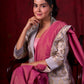 Blush Pink Tissue Saree with Grey Brocade Border & Mirror Lace Detailing