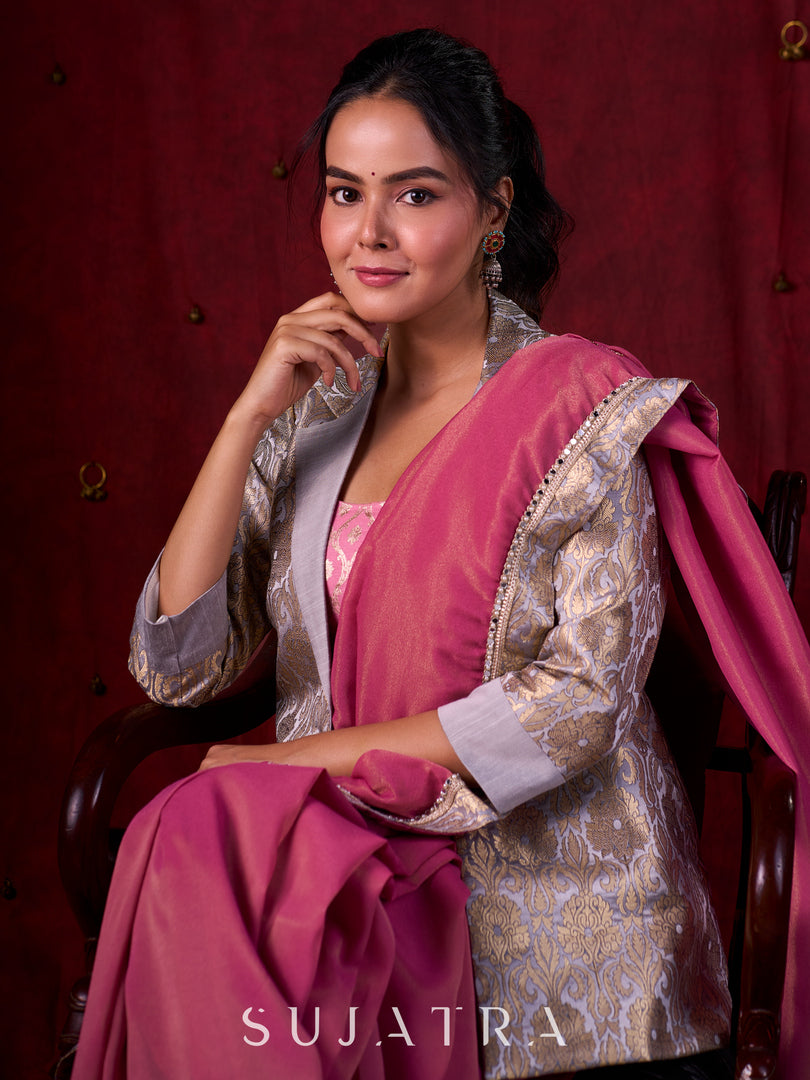 Elegant Grey Brocade Blazer with Tailored Finish & Subtle Shine