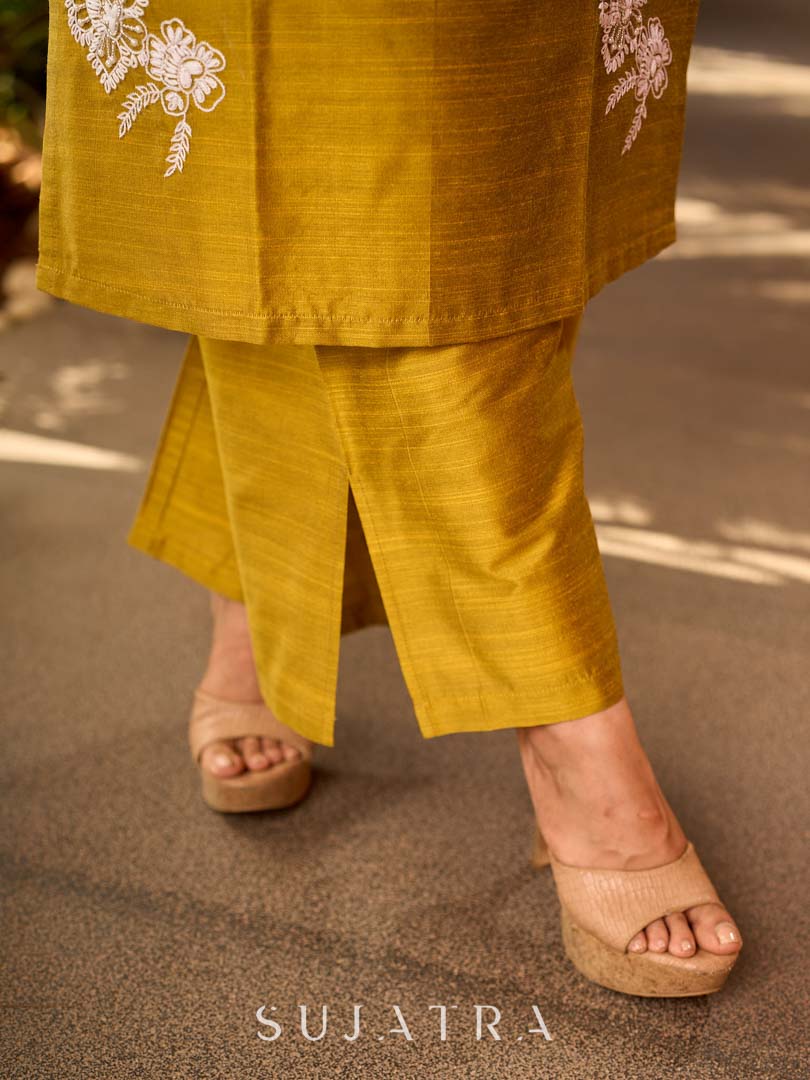 Timeless Mustard Cotton Silk Kurta with Graceful Chikankari Hand Embroidery