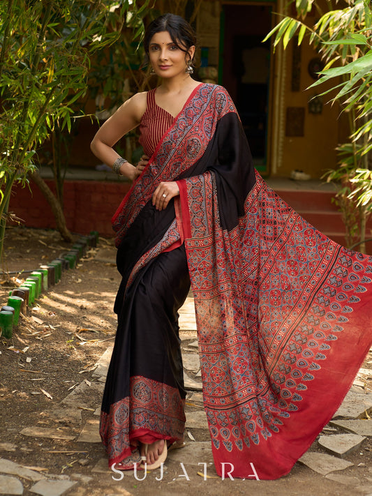 Noir Grace : Exclusive Modal Silk Saree with Red Ajrakh Border