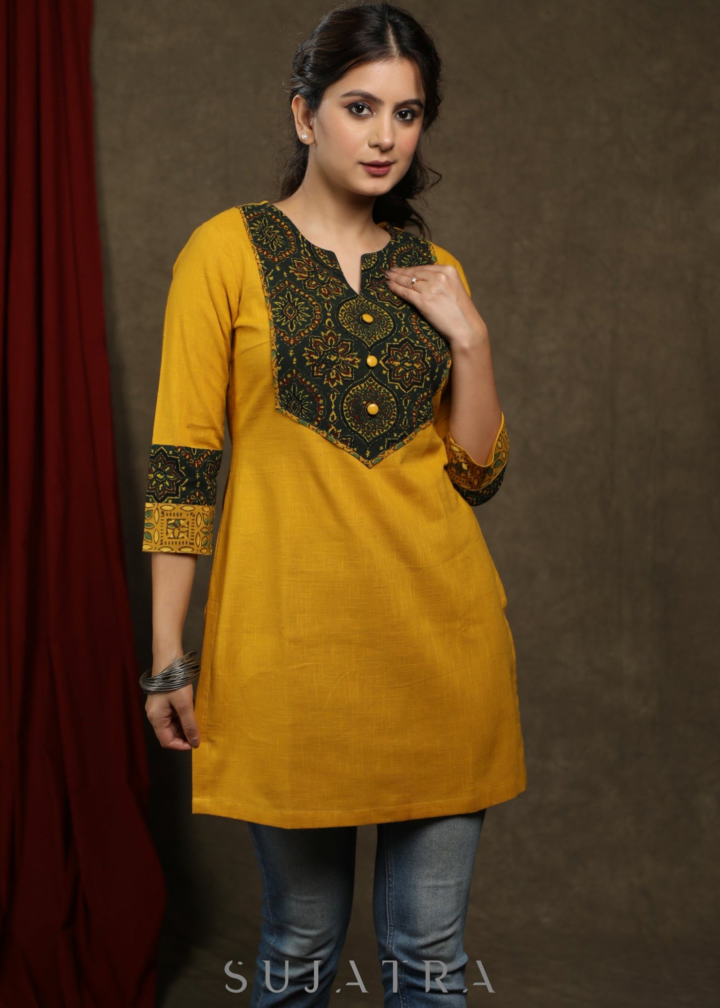 Elegant mustard cotton tunic with ajrakh combination on yoke and sleeves