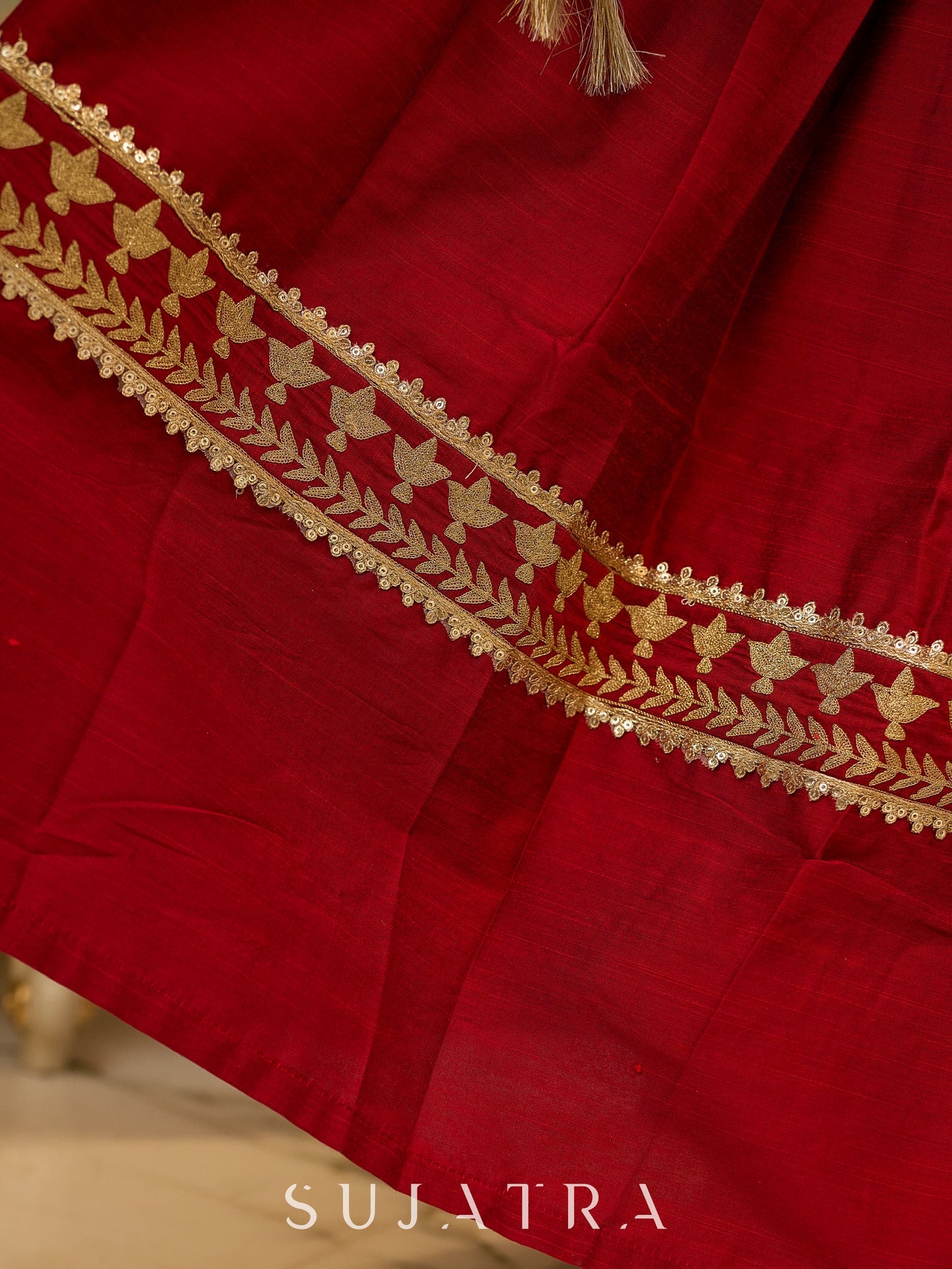 A traditional look featuring a red Cotton silk lehenga with a green Cotton silk choli with brocade yoke  - Contrast dupatta optional