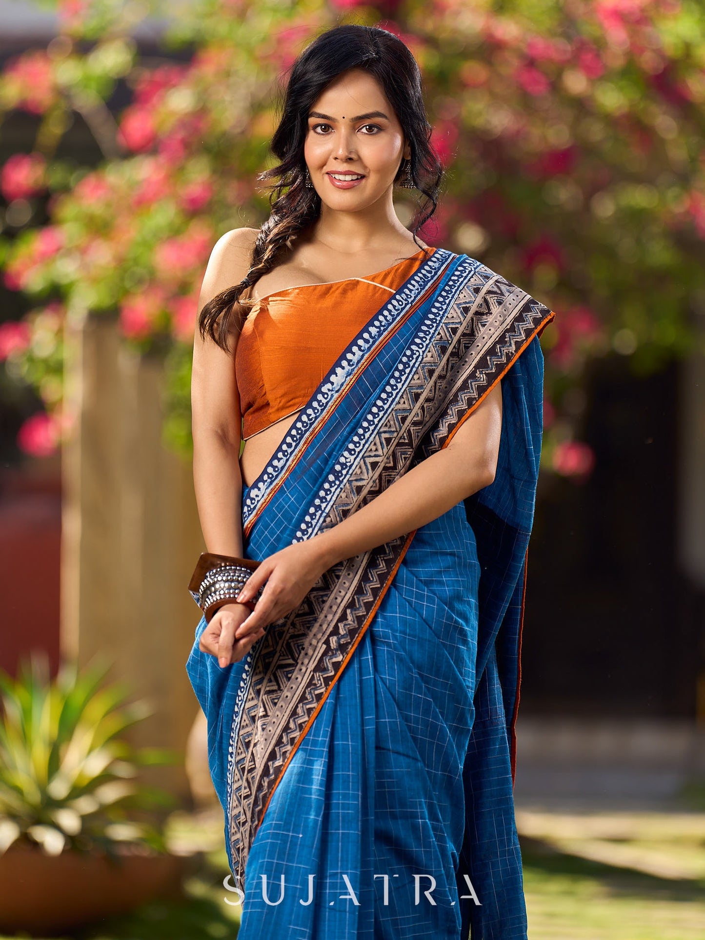 Elegant Blue Saree with Geometric Kalamkari Border and Contrasting Orange Accents