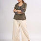 Grey Cotton Contemporary Top with Ikat Yoke, Cuffs and Kantha Stitch Detail