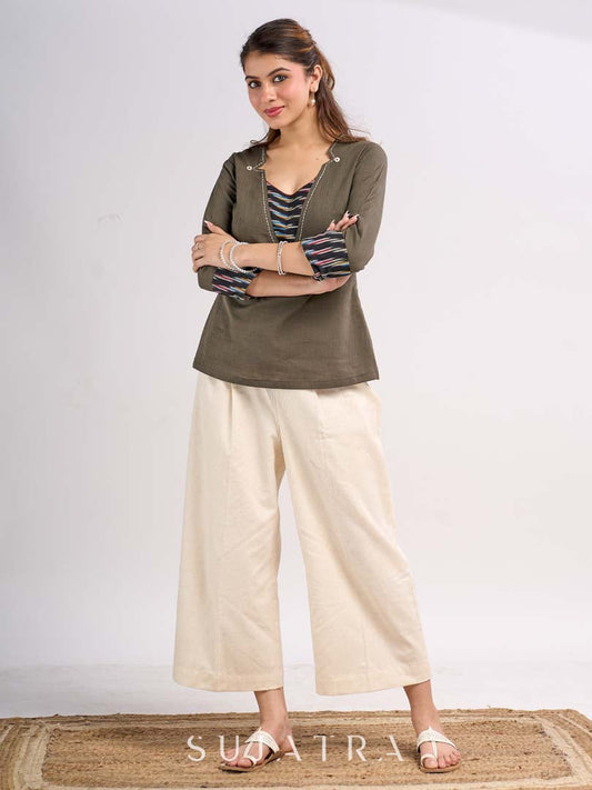 Off White Cotton Flex Elegant Front Tuck Pants