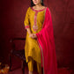 Vibrant Mustard Cotton-Silk Kurta with Pink Highlights & Subtle Gota Patti Work