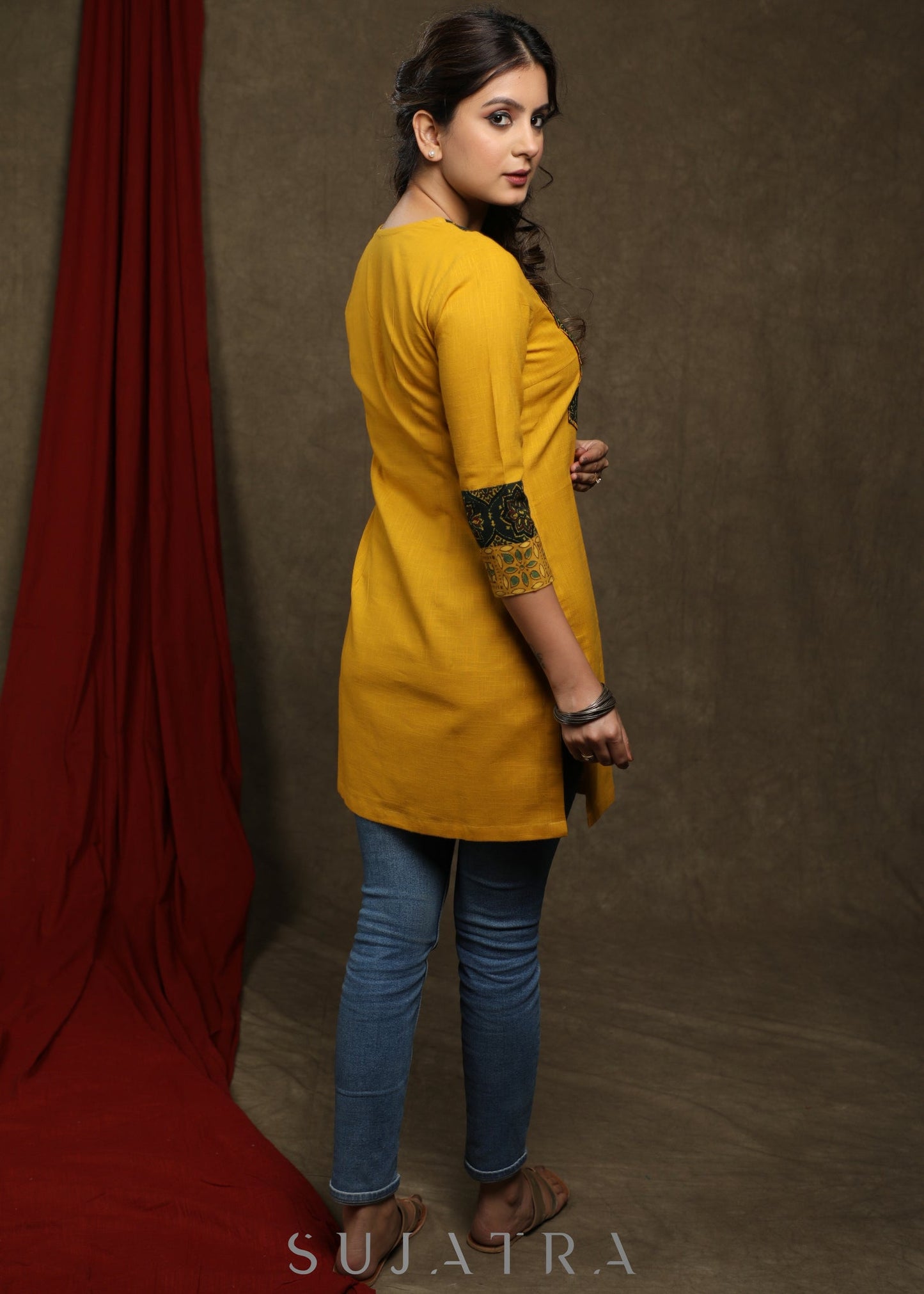 Elegant mustard cotton tunic with ajrakh combination on yoke and sleeves