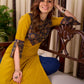 Bright Mustard Cotton Straight Kurta with Dark Blue Floral Yoke Detail
