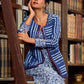 Stylish Indigo Cotton Jacket With Floral Cuffs, Maroon Highlights And Mirror Lace Detailing