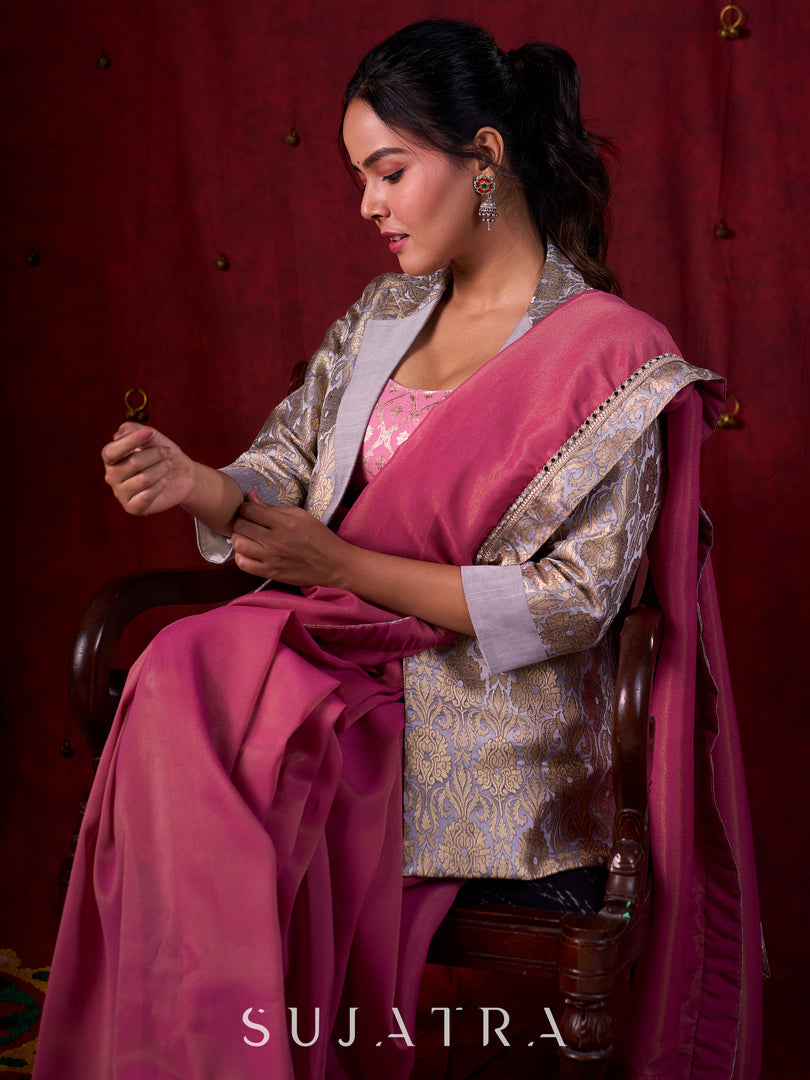 Blush Pink Tissue Saree with Grey Brocade Border & Mirror Lace Detailing