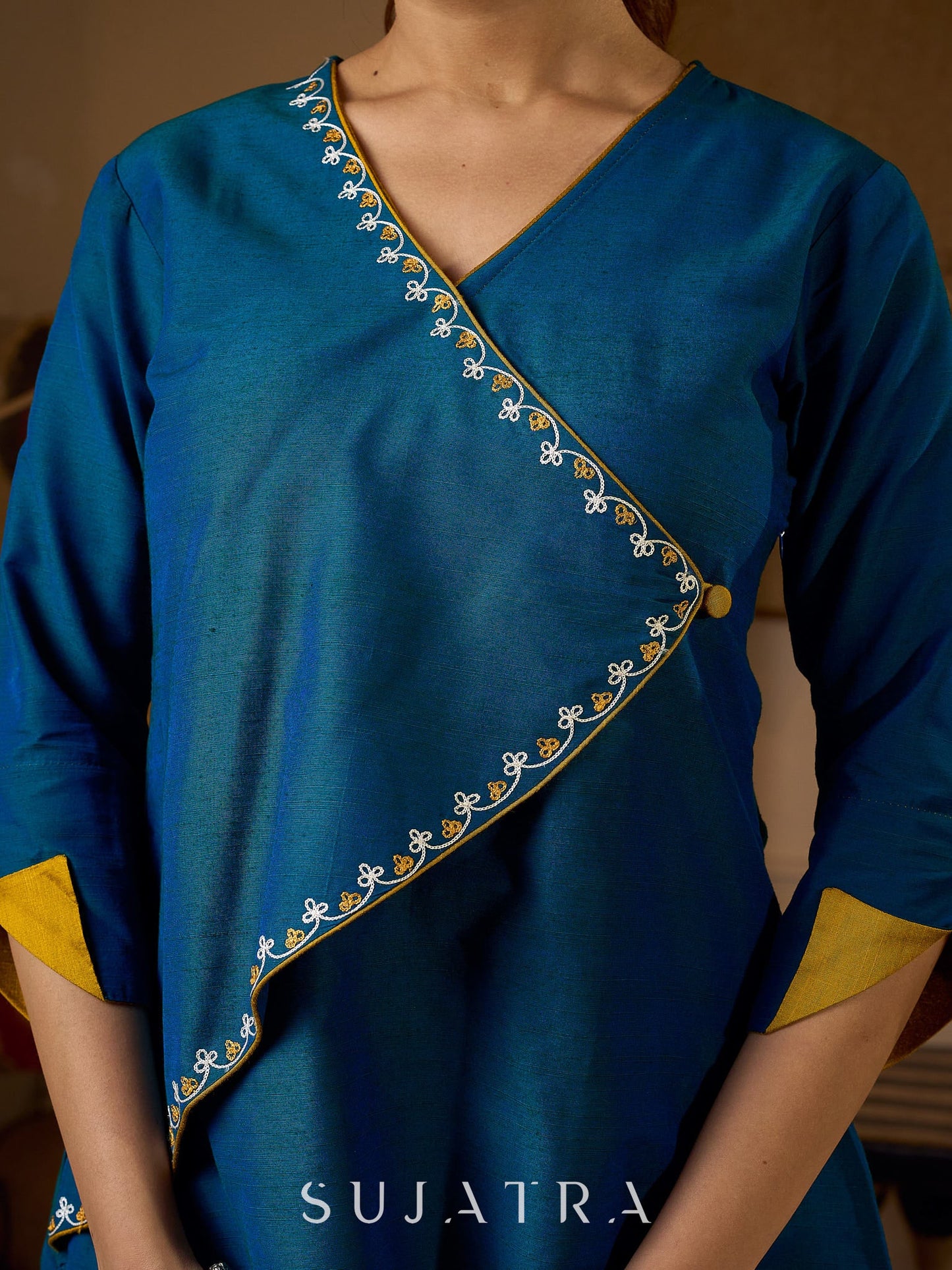 Elegant Embroidered Turquoise Blue Cotton Silk Wrap Top with Mustard Contrast Highlights