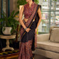 Regal Rust-Brown Chanderi Kalamkari Floral Chanderi Saree with Contrast Black Pallu