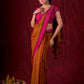 Autumn Rust Mul Cotton Saree with Pink Striped Border, Delicate Black Detailing & Tassel Highlights