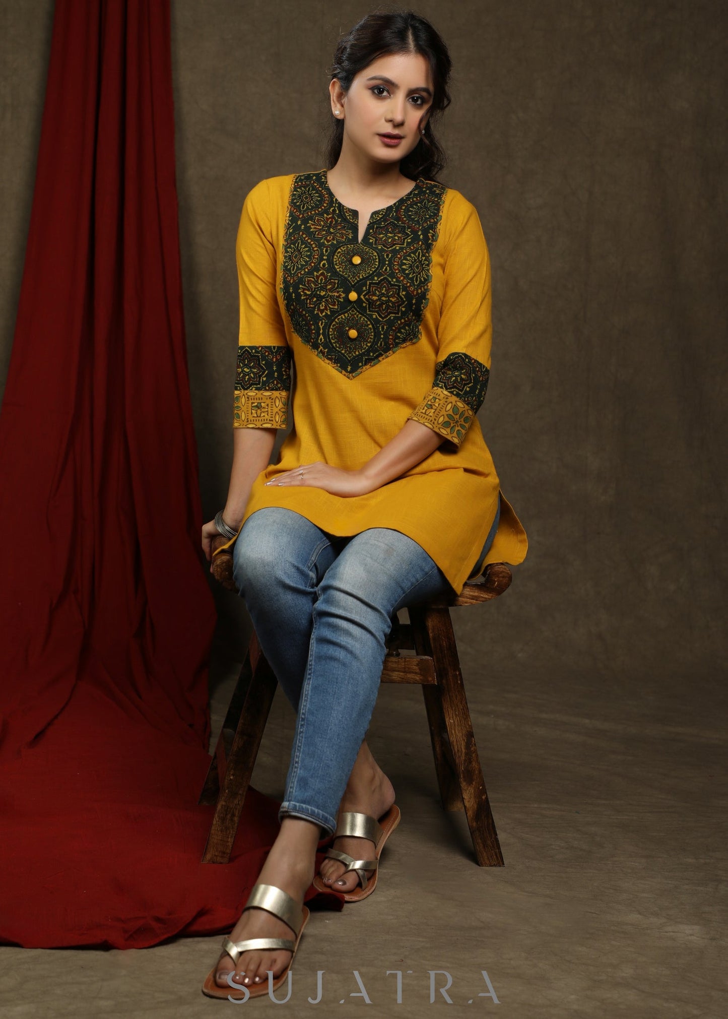 Elegant mustard cotton tunic with ajrakh combination on yoke and sleeves