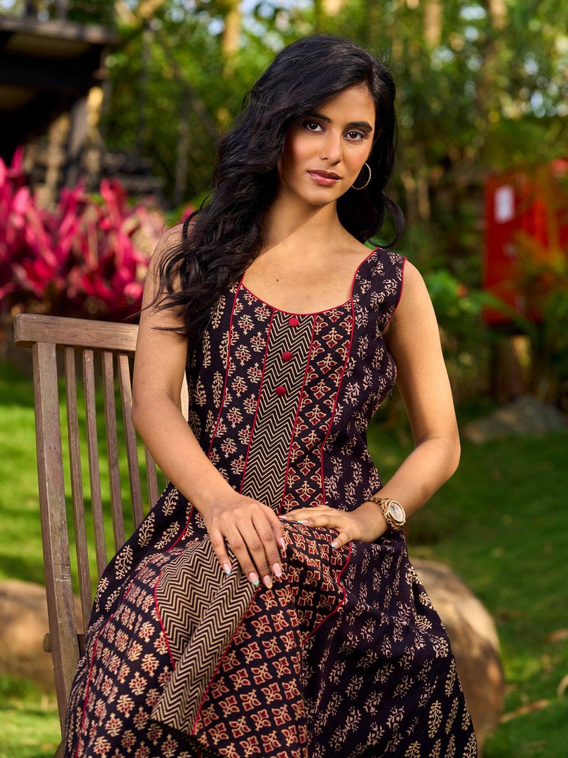 Handcrafted Ajrakh Cotton Paneled Sleeveless Dress with Traditional Prints &  Contrast Detailing