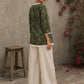 Earthy deep olive Jaipur floral top featuring box-pleated sleeves and delicate Hakoba accents for timeless elegance.