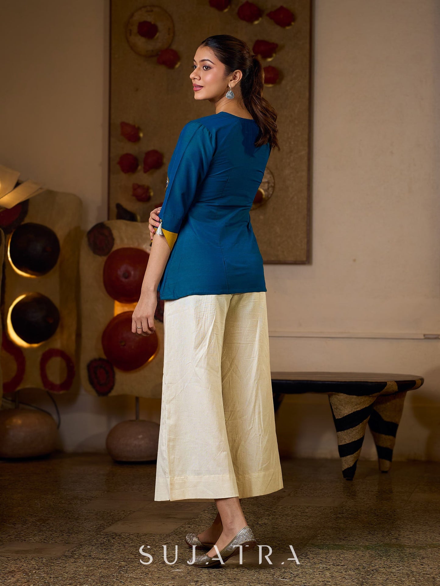 Elegant Embroidered Turquoise Blue Cotton Silk Wrap Top with Mustard Contrast Highlights
