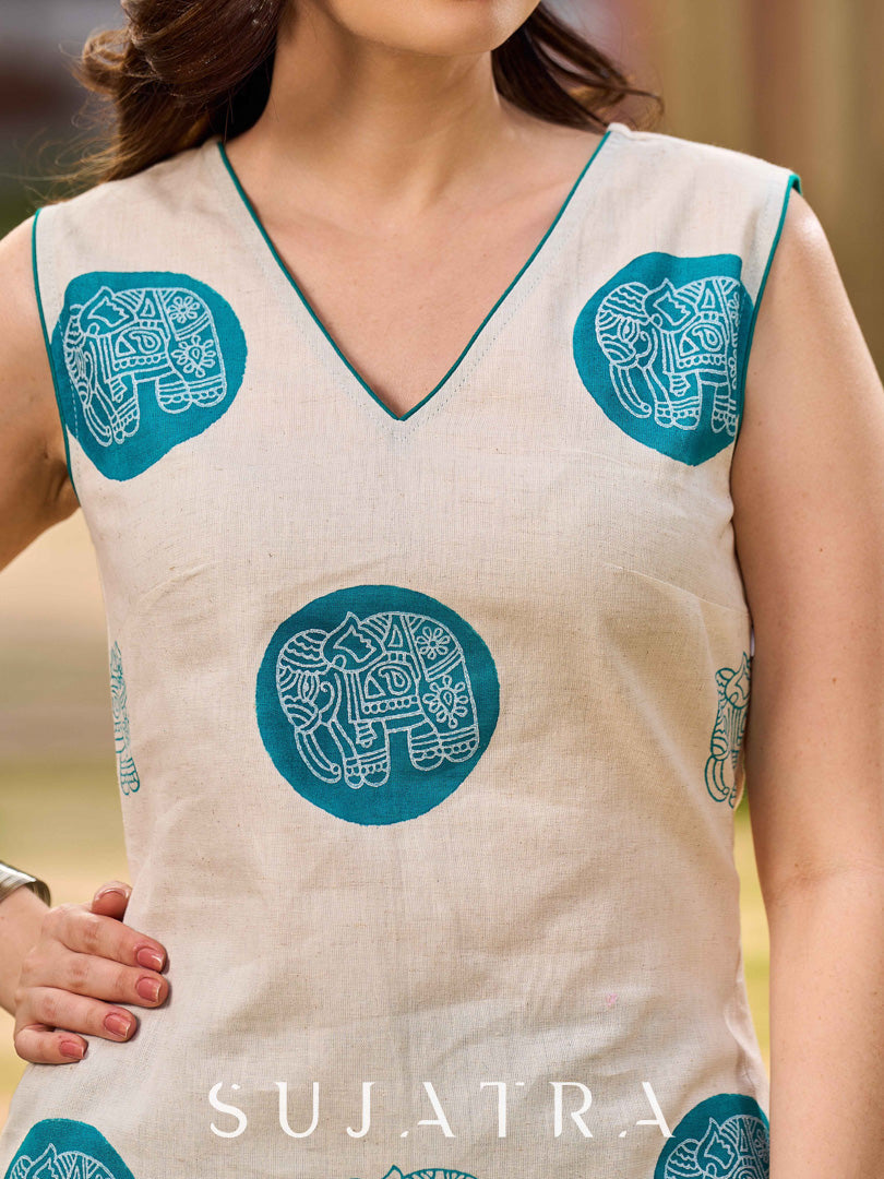 Minimal Off-White Cotton Kurta featuring Teal Hand Block Elephant Motifs