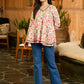 Petal Mist Mul Cotton Flared Top in White with Pearled V Neckline