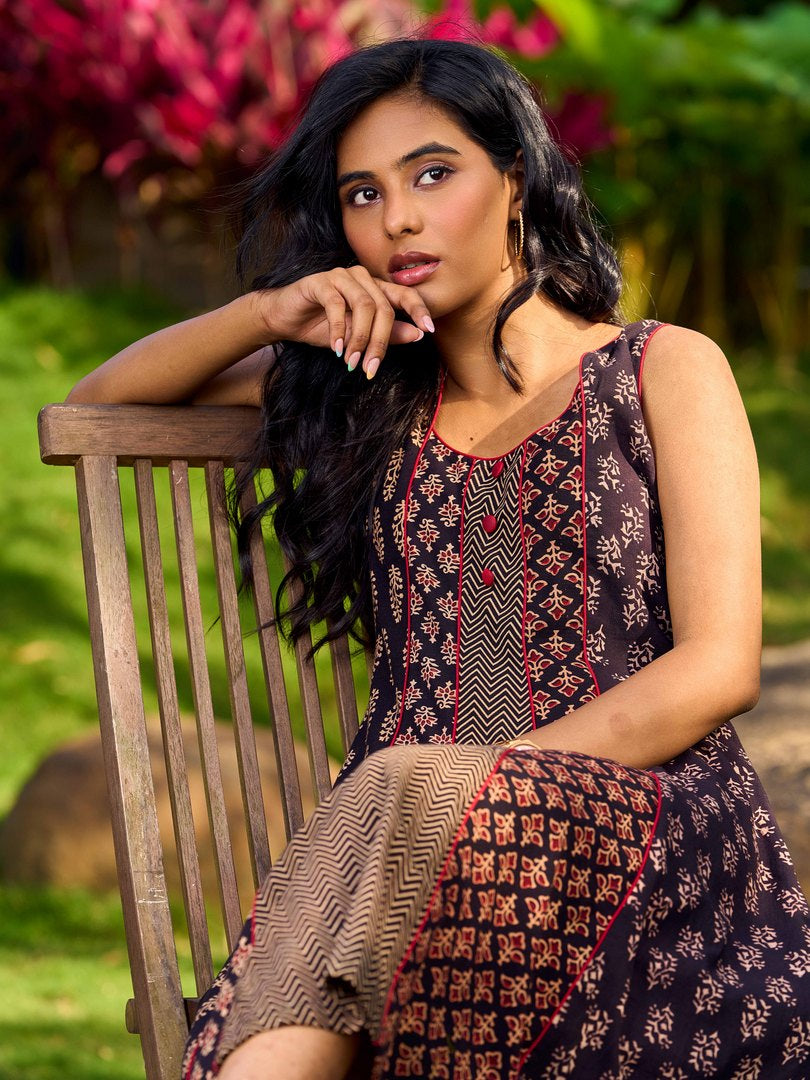 Handcrafted Ajrakh Cotton Paneled Sleeveless Dress with Traditional Prints &  Contrast Detailing