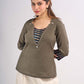 Grey Cotton Contemporary Top with Ikat Yoke, Cuffs and Kantha Stitch Detail