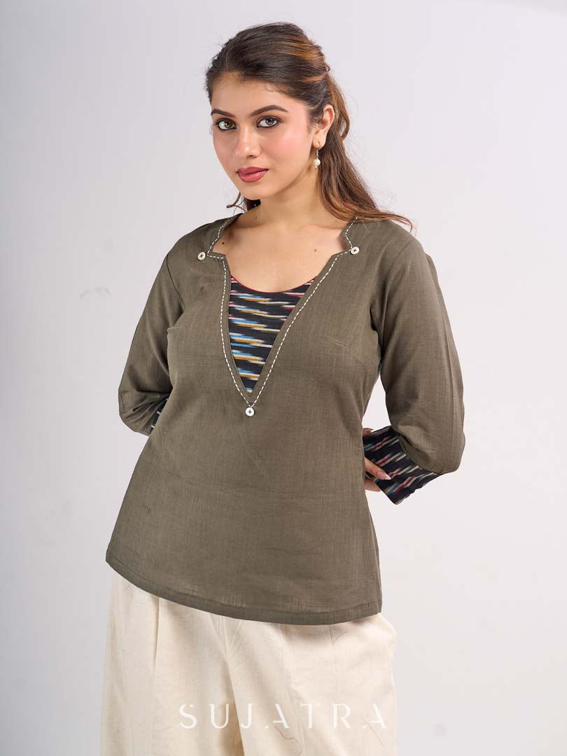 Grey Cotton Contemporary Top with Ikat Yoke, Cuffs and Kantha Stitch Detail