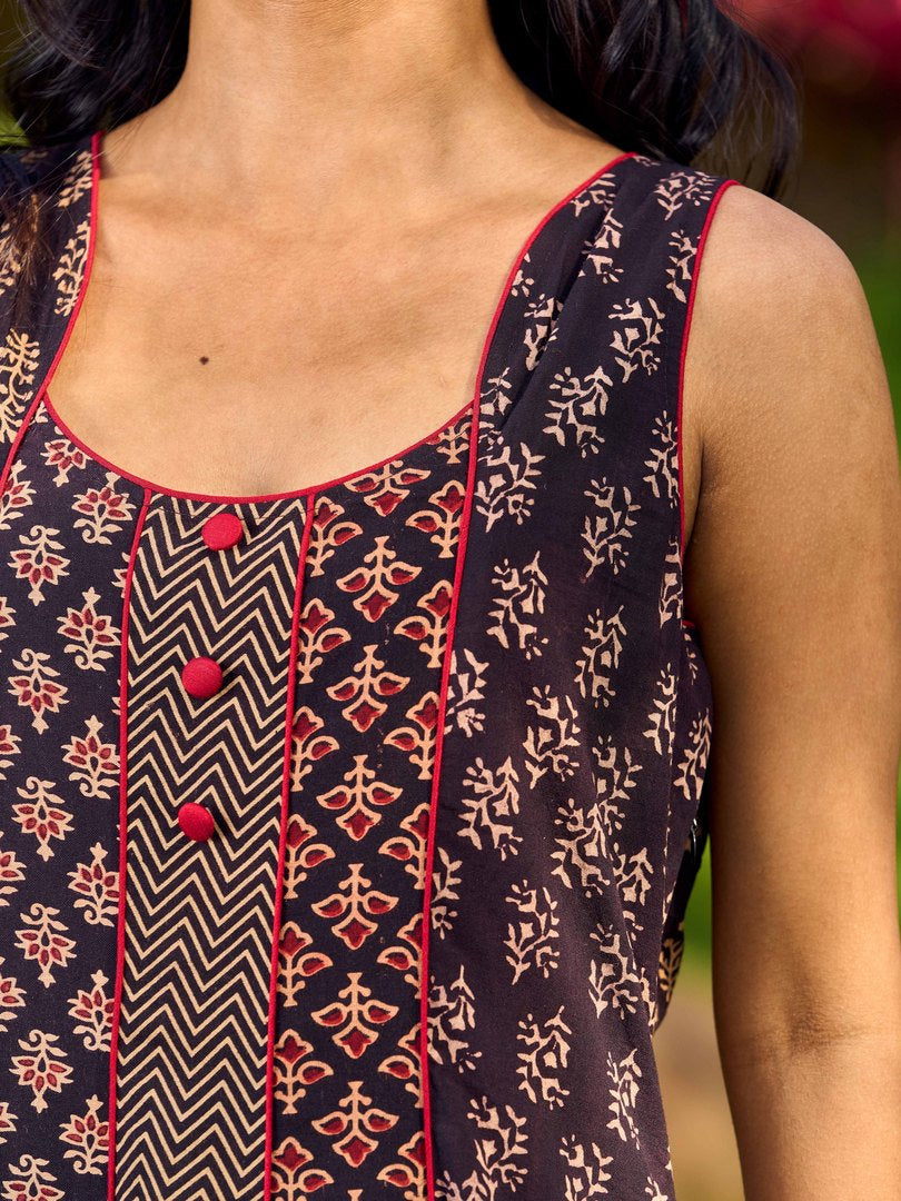Handcrafted Ajrakh Cotton Paneled Sleeveless Dress with Traditional Prints &  Contrast Detailing
