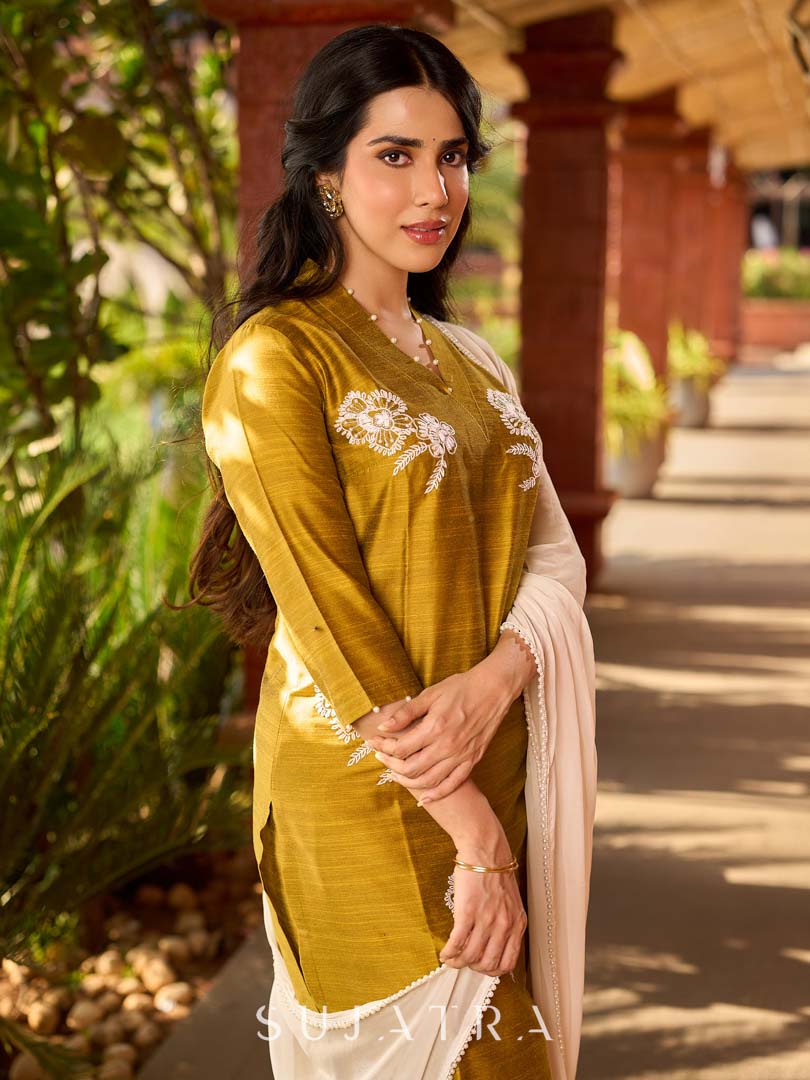 Timeless Mustard Cotton Silk Kurta with Graceful Chikankari Hand Embroidery