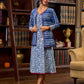 Stylish Indigo Cotton Jacket With Floral Cuffs, Maroon Highlights And Mirror Lace Detailing