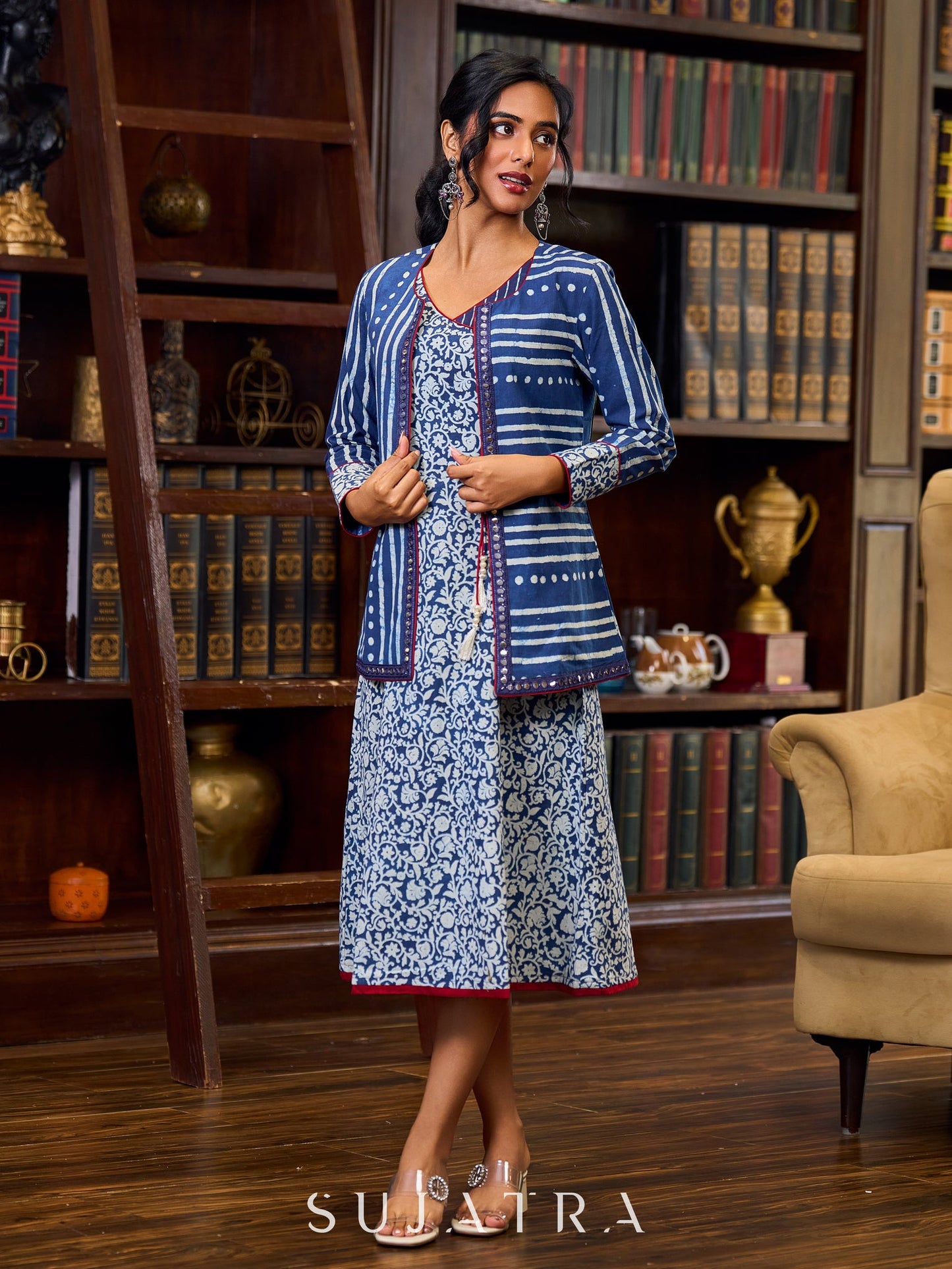 Charming Indigo Floral A Line Dress Adorned with Tassels - Jacket Optional