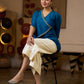 Elegant Embroidered Turquoise Blue Cotton Silk Wrap Top with Mustard Contrast Highlights