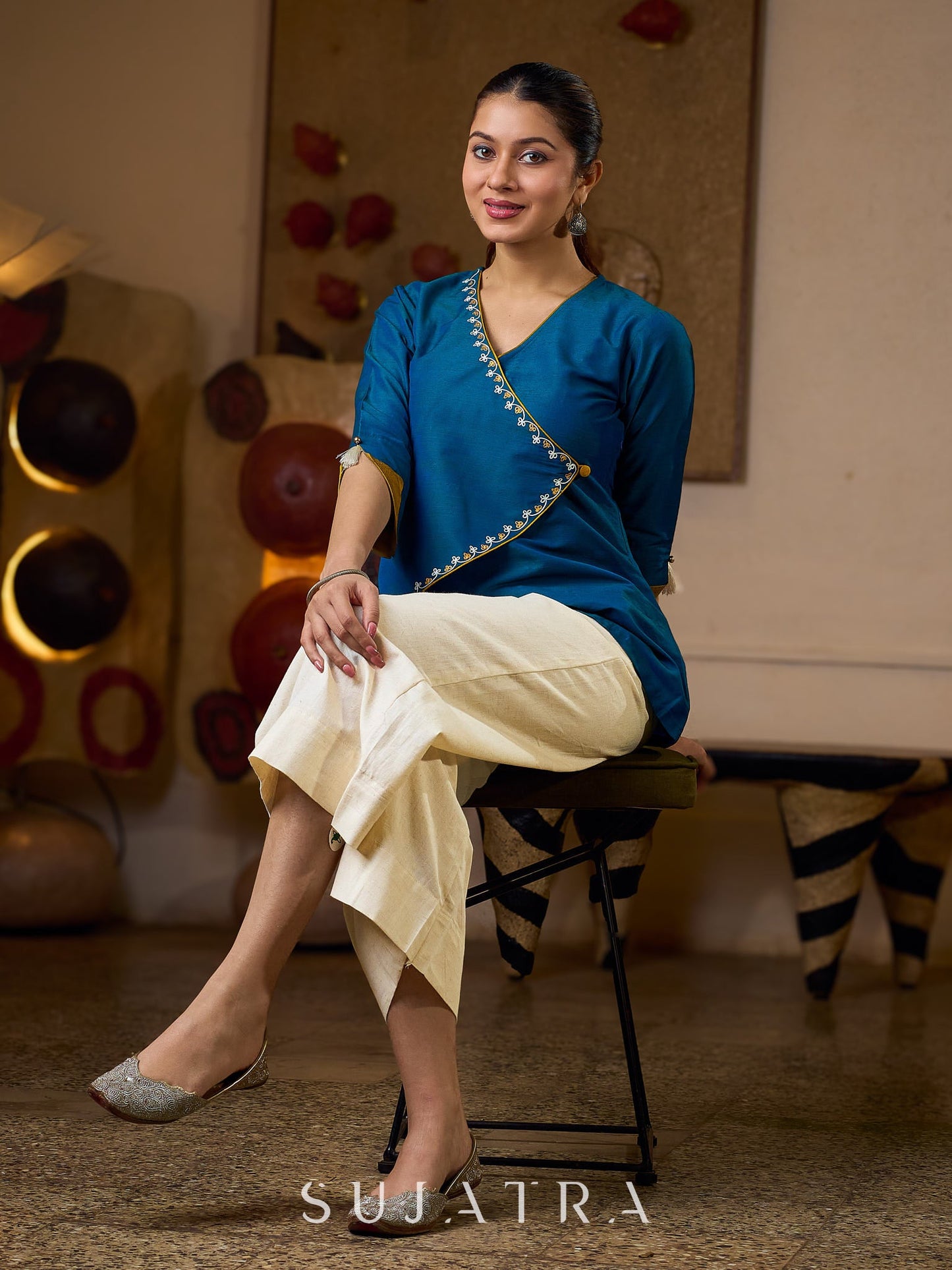 Elegant Embroidered Turquoise Blue Cotton Silk Wrap Top with Mustard Contrast Highlights