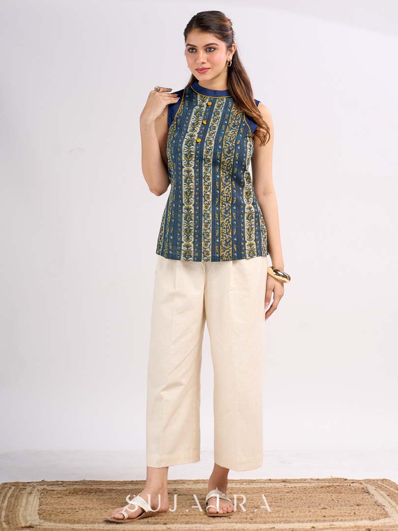 Indigo Halter Neck Cotton Designer Top with Ethnic Stripe Pattern & Mustard Accents