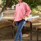 Blushing Pink Cotton Slub Collared Top with Hand Embroidered Florals & Elegant Gathered Dolman Sleeves