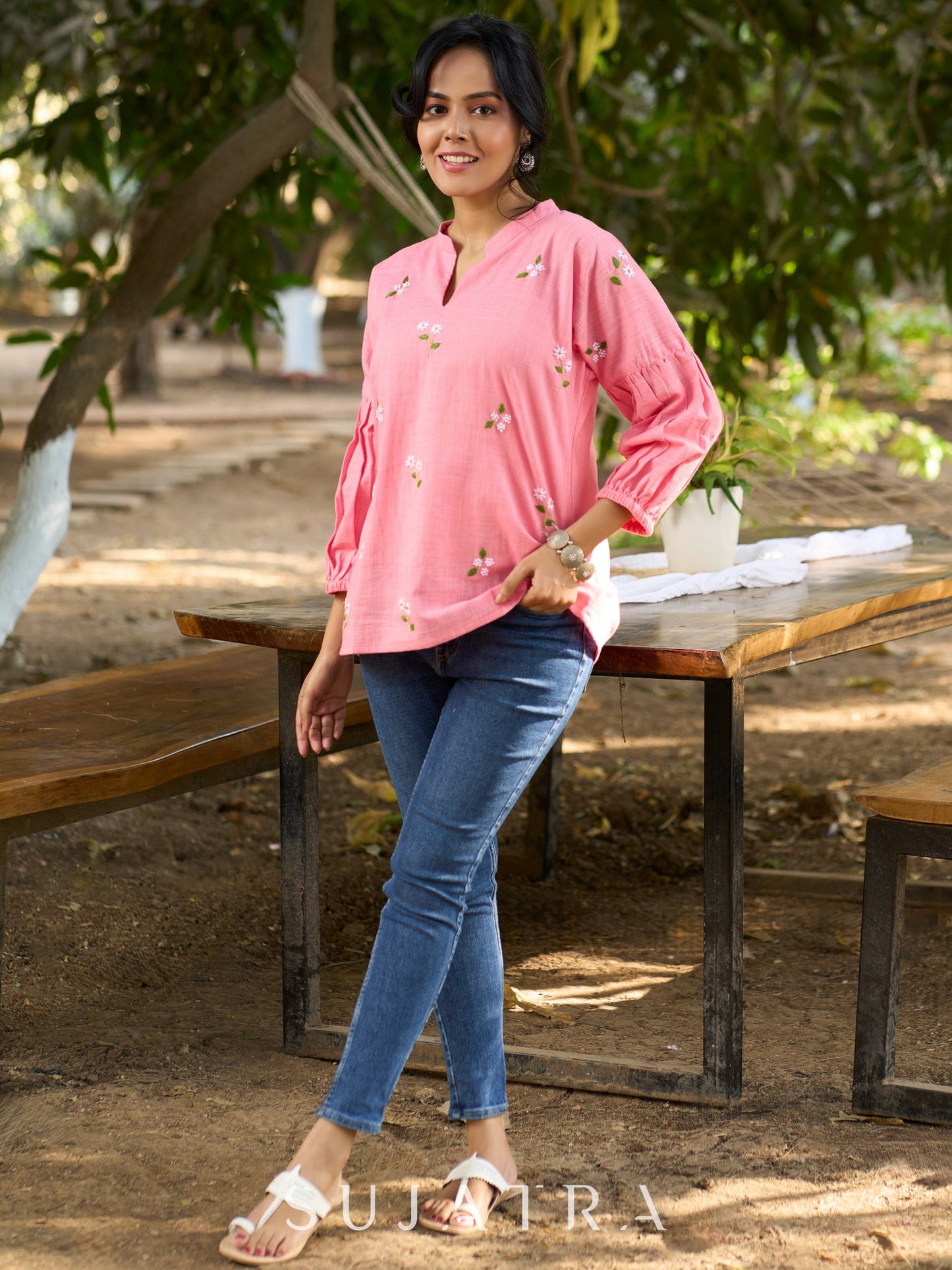 Blushing Pink Cotton Slub Collared Top with Hand Embroidered Florals & Elegant Gathered Dolman Sleeves