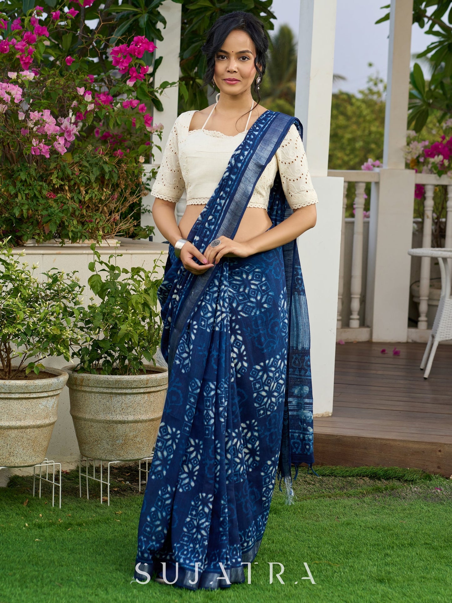 Indigo block-printed elegance on Linen saree, with breezy charm and heritage soul