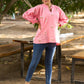 Blushing Pink Cotton Slub Collared Top with Hand Embroidered Florals & Elegant Gathered Dolman Sleeves