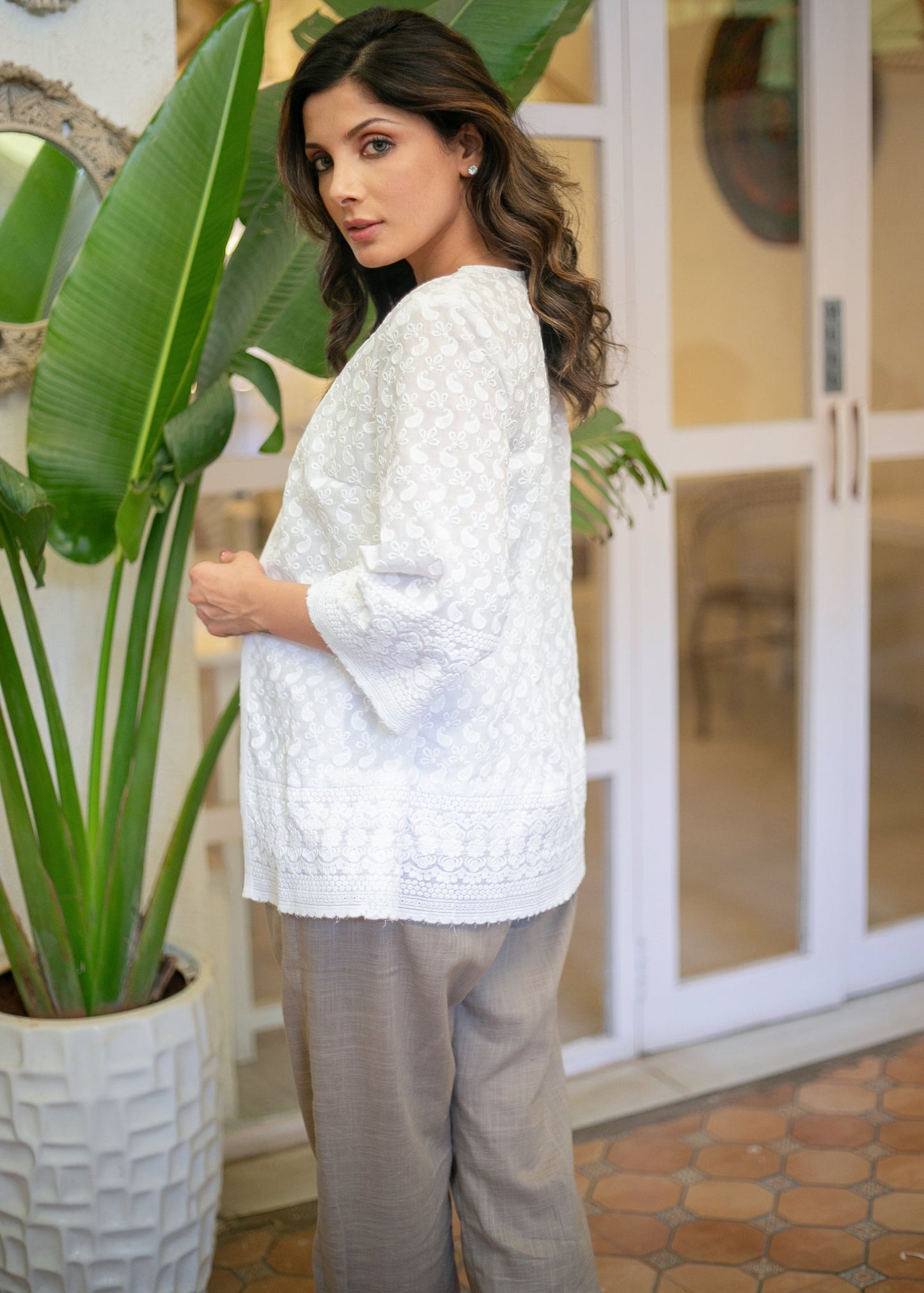 Classy White Cotton Embroidered Jacket with White Inner