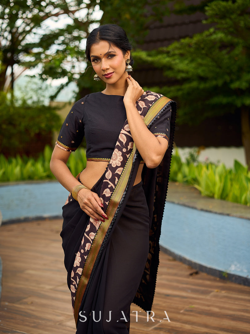 Vibrant Black Georgette Saree with Golden Zari Border & Kalamkari Floral Print Pallu & Border