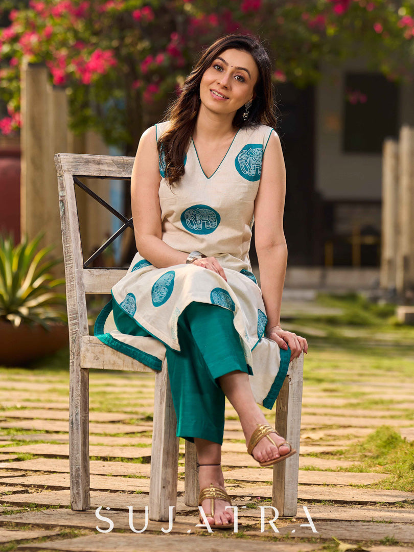 Minimal Off-White Cotton Kurta featuring Teal Hand Block Elephant Motifs