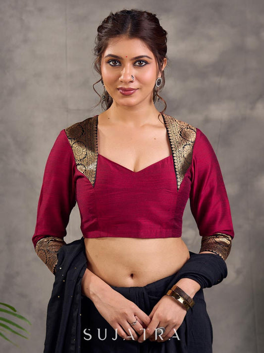 Magenta Cotton Silk Blouse with 3/4th Sleeves and Gold Zari Brocade Shoulder and Cuff