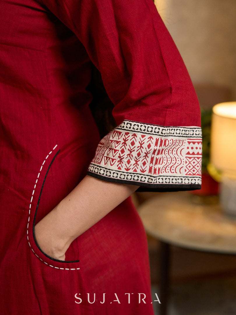 Modern Maroon A-Line Cotton Dress with Tribal Hand Block Printed Neckline & Cuffs