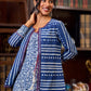 Stylish Indigo Cotton Jacket With Floral Cuffs, Maroon Highlights And Mirror Lace Detailing