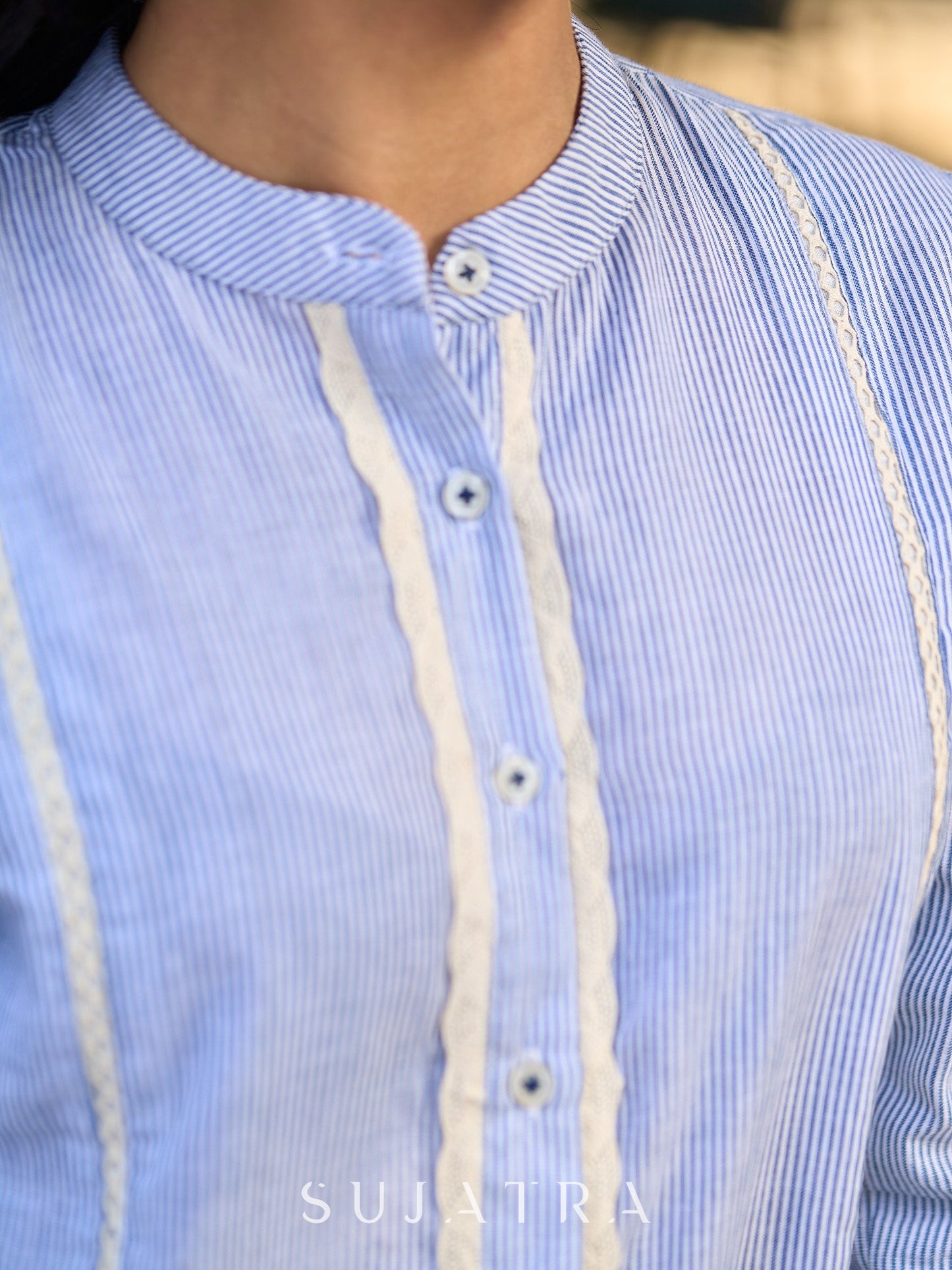 Light Blue Cotton Striped Shirt with Soft Lace Touches