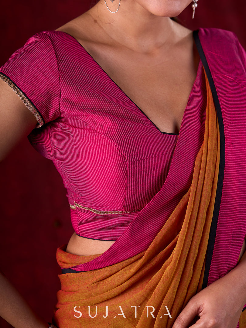 Autumn Rust Mul Cotton Saree with Pink Striped Border, Delicate Black Detailing & Tassel Highlights