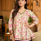 Petal Mist Mul Cotton Flared Top in White with Pearled V Neckline