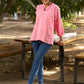 Blushing Pink Cotton Slub Collared Top with Hand Embroidered Florals & Elegant Gathered Dolman Sleeves