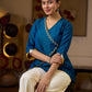 Elegant Embroidered Turquoise Blue Cotton Silk Wrap Top with Mustard Contrast Highlights