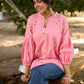 Blushing Pink Cotton Slub Collared Top with Hand Embroidered Florals & Elegant Gathered Dolman Sleeves