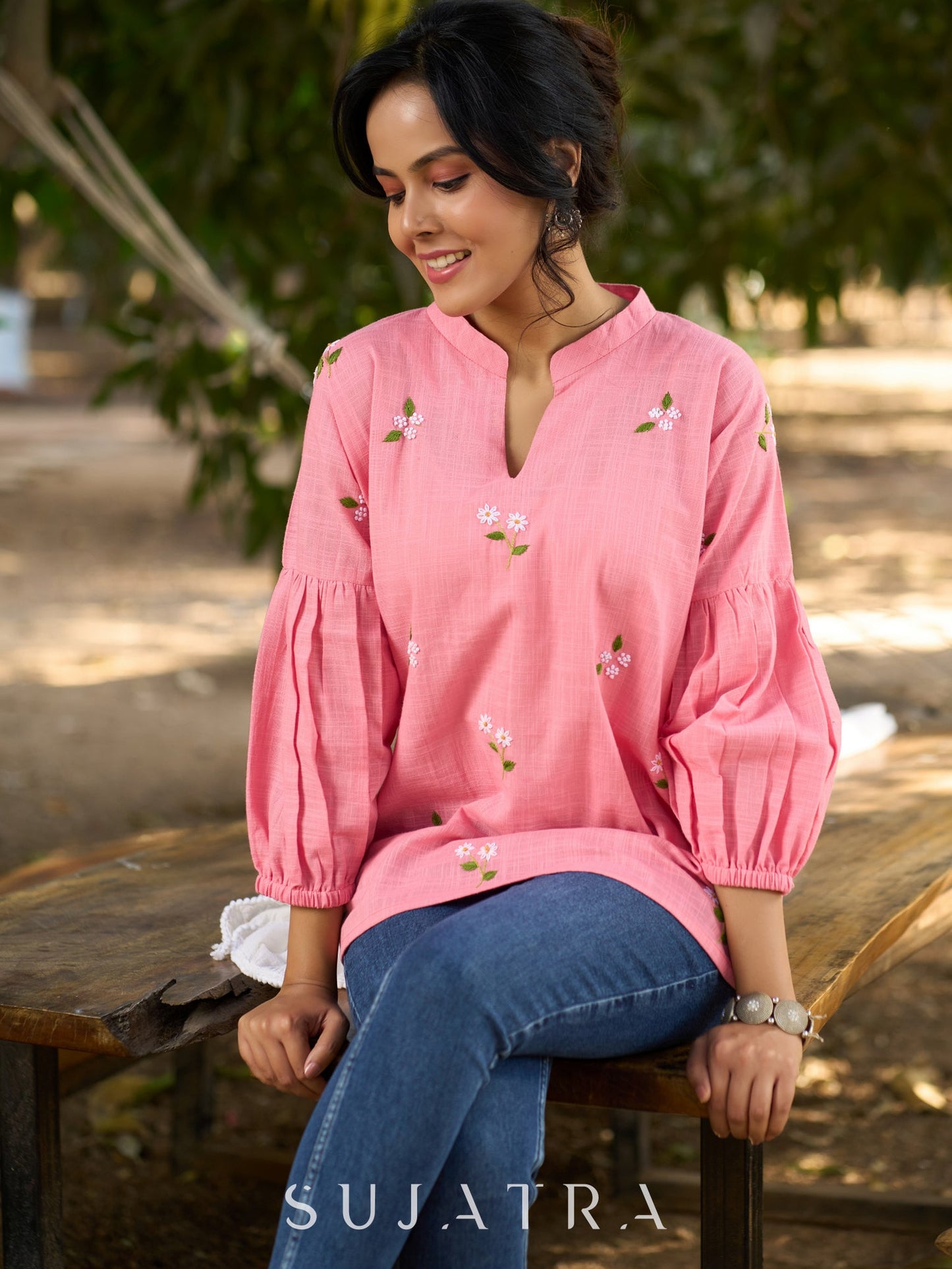 Blushing Pink Cotton Slub Collared Top with Hand Embroidered Florals & Elegant Gathered Dolman Sleeves